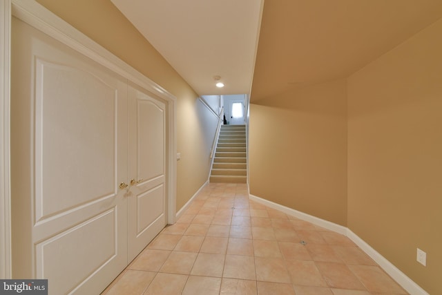 1389 Lamplighter Cir, Gwynedd, PA 19436 - hallway featuring stairway, light tile patterned floors, baseboards, and recessed lighting