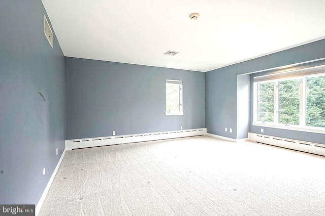 unfurnished room with a baseboard radiator, carpet floors, healthy amount of natural light, and baseboards