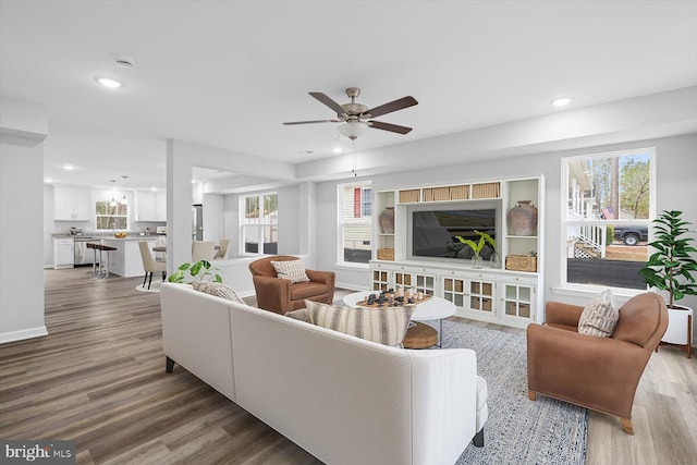 living area with wood finished floors, a healthy amount of sunlight, and recessed lighting