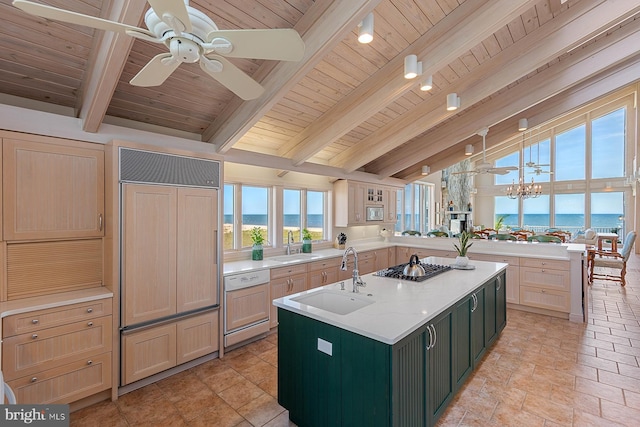 40113 Owens Ct, Fenwick Island, DE 19944 - kitchen with a sink, paneled appliances, wood ceiling, and an island with sink