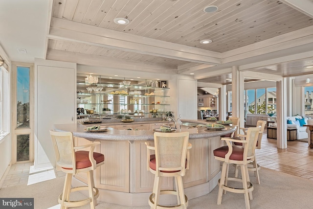 40113 Owens Ct, Fenwick Island, DE 19944 - bar with wood ceiling, indoor wet bar, beam ceiling, and recessed lighting