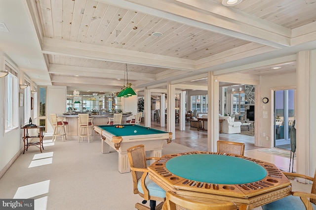 40113 Owens Ct, Fenwick Island, DE 19944 - recreation room featuring billiards, wooden ceiling, and beam ceiling