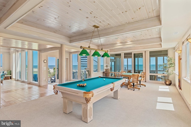 40113 Owens Ct, Fenwick Island, DE 19944 - playroom featuring a water view, carpet flooring, billiards, and wood ceiling