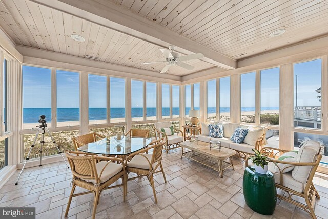 40113 Owens Ct, Fenwick Island, DE 19944 - sunroom / solarium with a water view, a beach view, a wealth of natural light, and beam ceiling