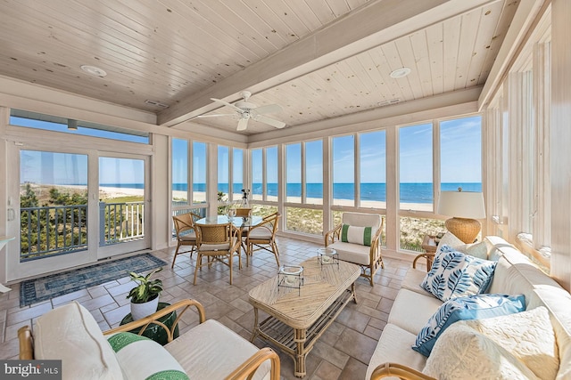 40113 Owens Ct, Fenwick Island, DE 19944 - sunroom / solarium featuring a beach view, visible vents, wood ceiling, a water view, and beamed ceiling