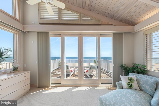 40113 Owens Ct, Fenwick Island, DE 19944 - interior space with a water view, a ceiling fan, carpet floors, wooden ceiling, and vaulted ceiling