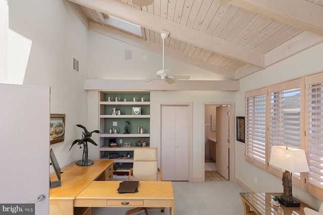 40113 Owens Ct, Fenwick Island, DE 19944 - office featuring carpet flooring, beam ceiling, visible vents, and wood ceiling