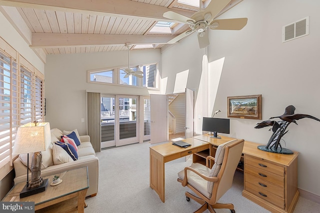 40113 Owens Ct, Fenwick Island, DE 19944 - office space with light colored carpet, visible vents, a skylight, and ceiling fan