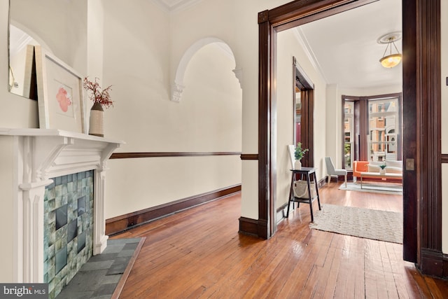 2133 Bolton St, Baltimore, MD 21217 - hall featuring crown molding, hardwood / wood-style flooring, and baseboards