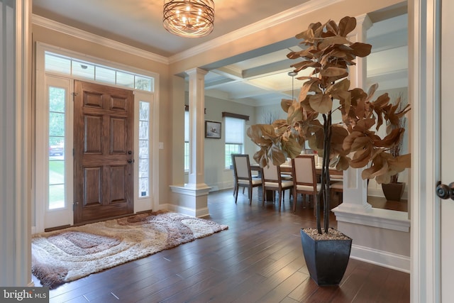 entrance foyer with coffered ceiling, decorative columns, crown molding, dark wood-style flooring, and baseboards