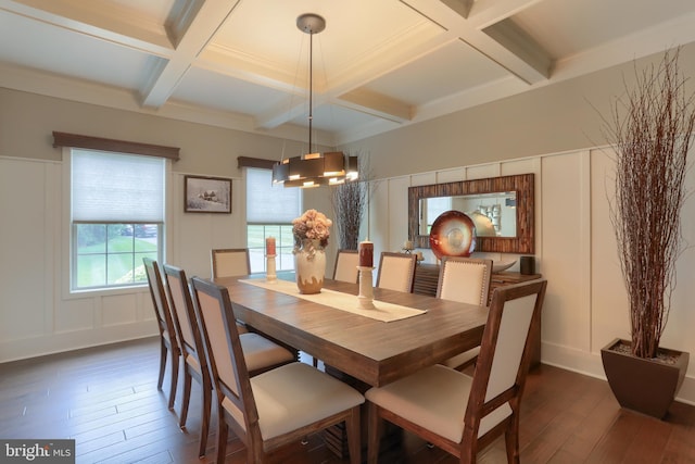 dining space with coffered ceiling, dark wood-type flooring, a decorative wall, and beamed ceiling