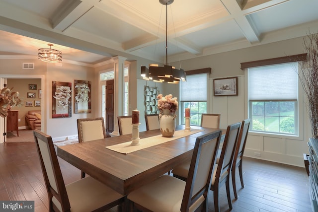 dining room with dark wood-type flooring, visible vents, a chandelier, beamed ceiling, and coffered ceiling