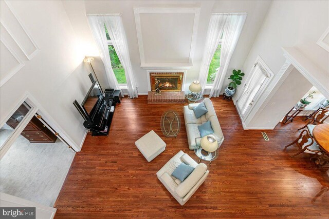 living room with a fireplace, a high ceiling, healthy amount of natural light, and wood finished floors