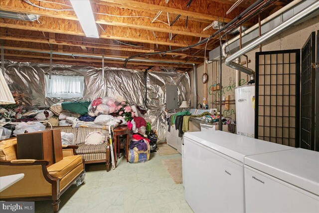 unfinished below grade area with independent washer and dryer, gas water heater, electric panel, and fridge