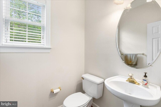 half bath with a sink, baseboards, plenty of natural light, and toilet