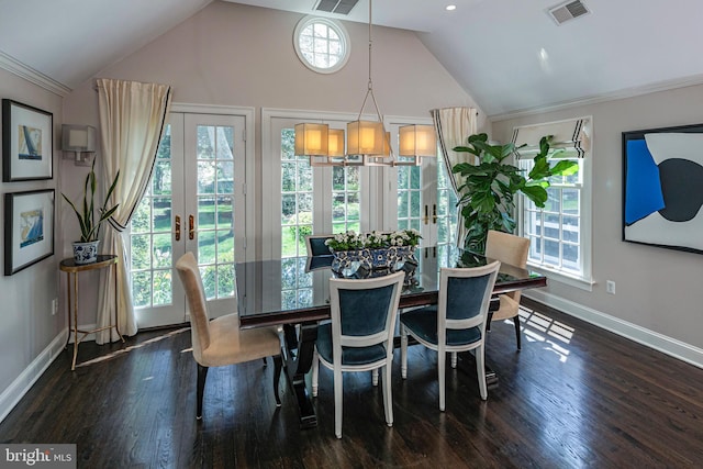 dining room with baseboards, french doors, and visible vents