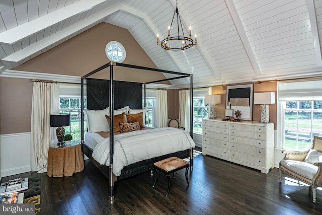 bedroom featuring high vaulted ceiling, an inviting chandelier, beamed ceiling, and dark wood-type flooring