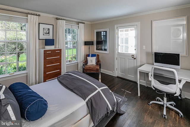 bedroom with crown molding, baseboards, and dark wood-style floors