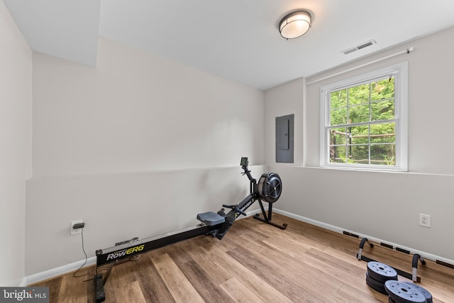 9518 Center St, Vienna, VA 22181 - exercise room with electric panel, wood finished floors, and baseboards