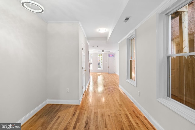 722 S Clinton St, Baltimore, MD 21224 - hallway featuring light wood-style flooring, baseboards, and ornamental molding
