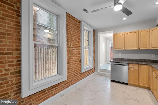 722 S Clinton St, Baltimore, MD 21224 - kitchen featuring stainless steel dishwasher, light marble finish flooring, light brown cabinetry, ceiling fan, and recessed lighting