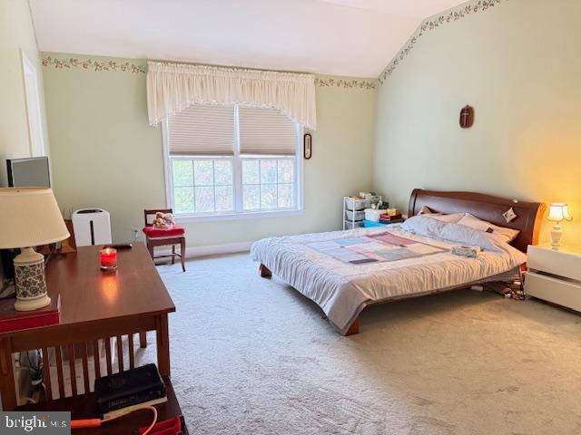 bedroom with lofted ceiling and carpet floors