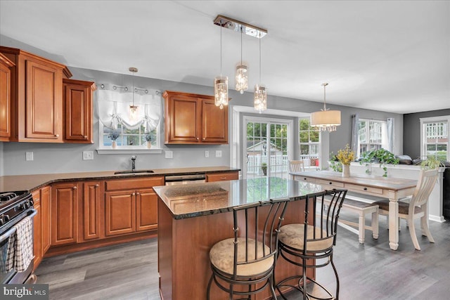 kitchen with a sink, a kitchen island, brown cabinets, stainless steel appliances, and wood finished floors