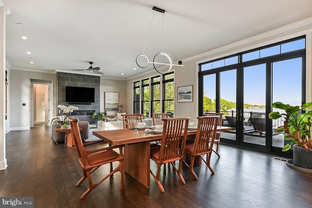 3015 Friends Rd, Annapolis, MD 21401 - dining area featuring crown molding, recessed lighting, dark wood-style floors, baseboards, and ceiling fan