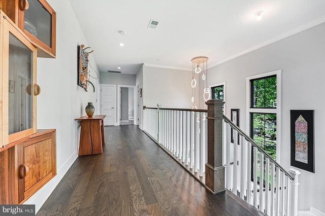 3015 Friends Rd, Annapolis, MD 21401 - hallway with dark wood-style floors, baseboards, an upstairs landing, ornamental molding, and recessed lighting