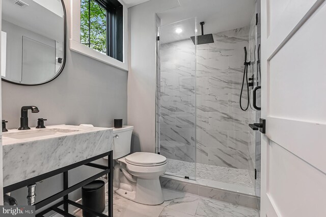 3015 Friends Rd, Annapolis, MD 21401 - full bathroom featuring marble finish floors, toilet, a marble finish shower, vanity, and recessed lighting