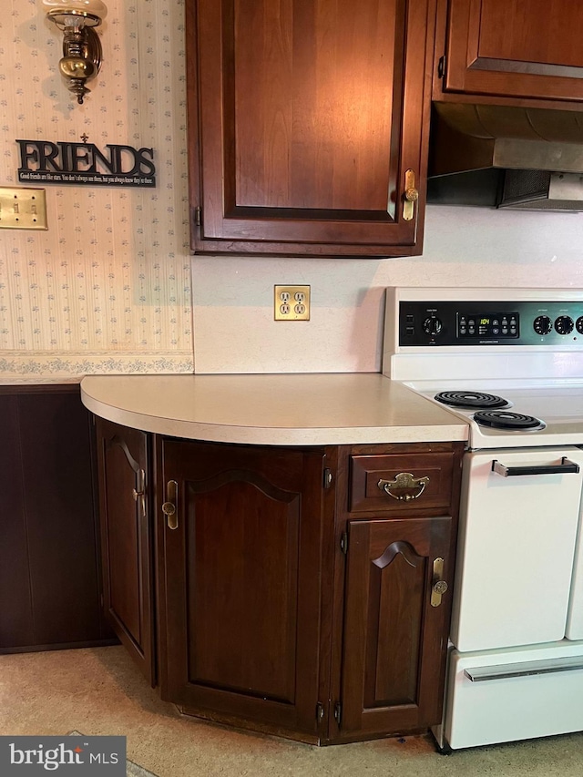 1228 Spruce St, Ashland, PA 17921 - kitchen featuring wallpapered walls, custom exhaust hood, dark brown cabinetry, electric stove, and light countertops