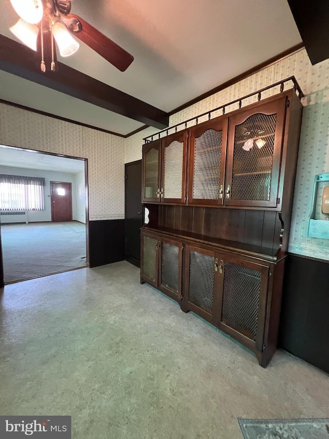 1228 Spruce St, Ashland, PA 17921 - unfurnished living room with a ceiling fan, wallpapered walls, and a baseboard heating unit