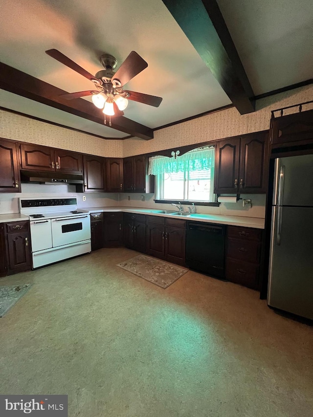 1228 Spruce St, Ashland, PA 17921 - kitchen featuring freestanding refrigerator, under cabinet range hood, dishwasher, range with two ovens, and light countertops