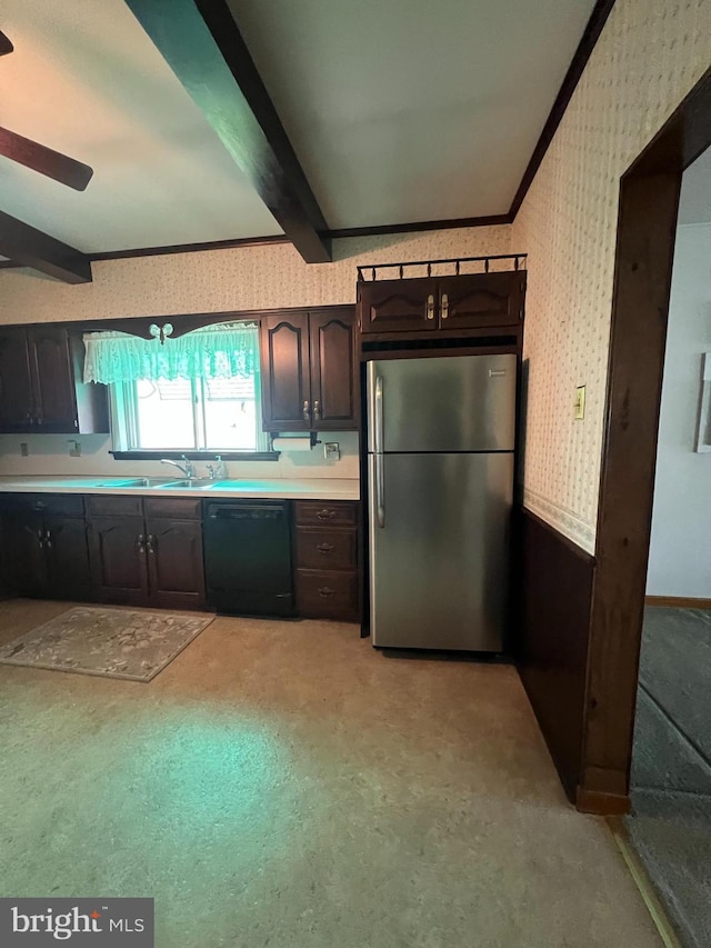 1228 Spruce St, Ashland, PA 17921 - kitchen featuring freestanding refrigerator, wallpapered walls, black dishwasher, a sink, and beamed ceiling