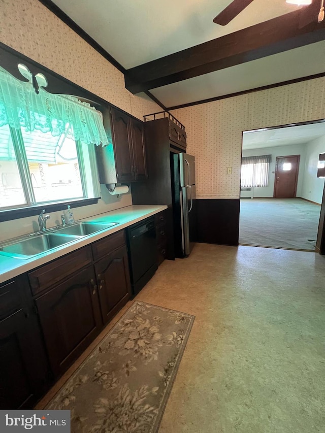 1228 Spruce St, Ashland, PA 17921 - kitchen featuring freestanding refrigerator, wallpapered walls, dishwasher, dark brown cabinetry, and a sink