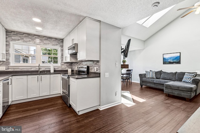 3901 Golf Tee Ct Unit 301, Fairfax, VA 22033 - kitchen featuring appliances with stainless steel finishes, a sink, a textured ceiling, a skylight, and dark countertops