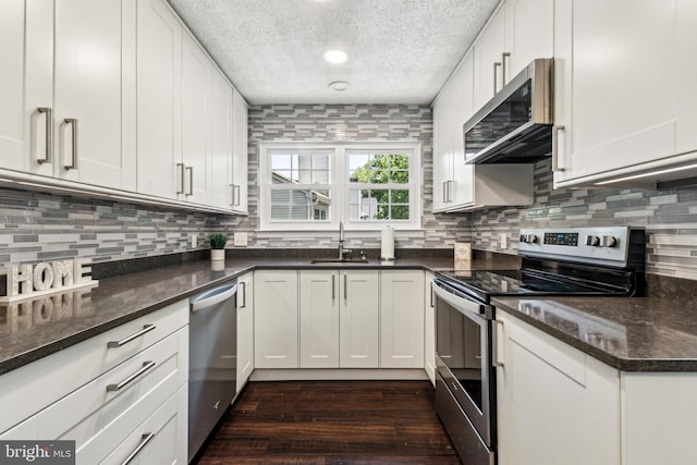 3901 Golf Tee Ct Unit 301, Fairfax, VA 22033 - kitchen featuring appliances with stainless steel finishes, a sink, a textured ceiling, dark wood-type flooring, and decorative backsplash