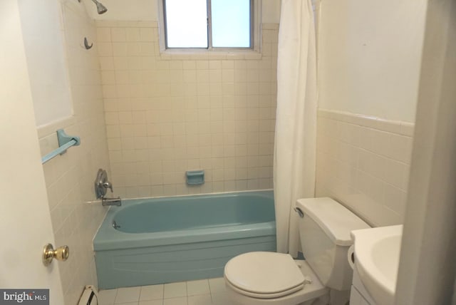 bathroom featuring shower / bath combo, toilet, tile walls, and tile patterned floors