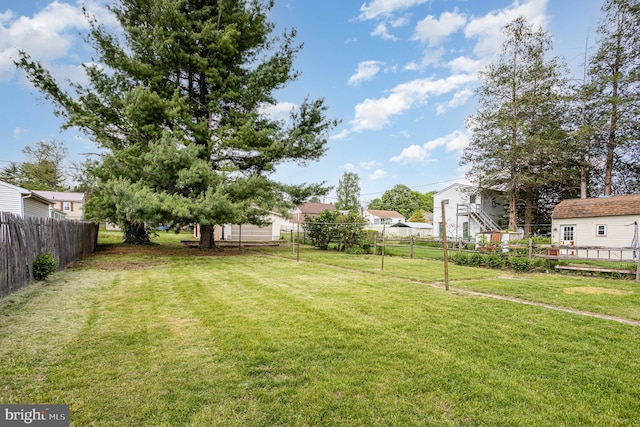 view of yard featuring fence and a residential view