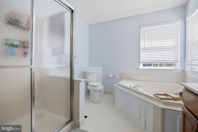 full bath featuring a bath, a wealth of natural light, toilet, and a shower stall