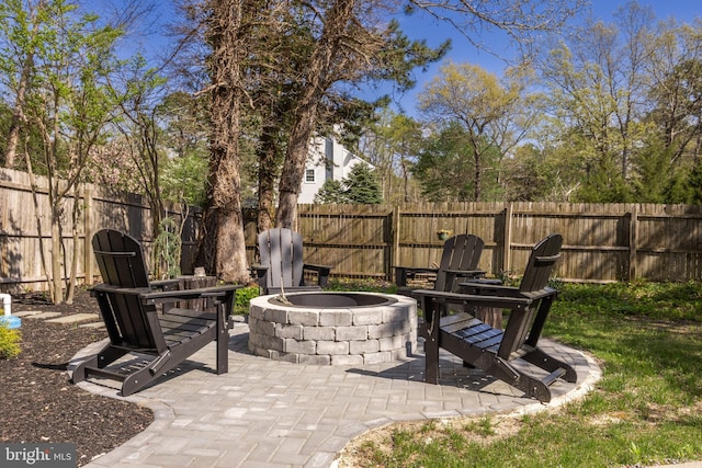 view of patio featuring a fire pit and a fenced backyard