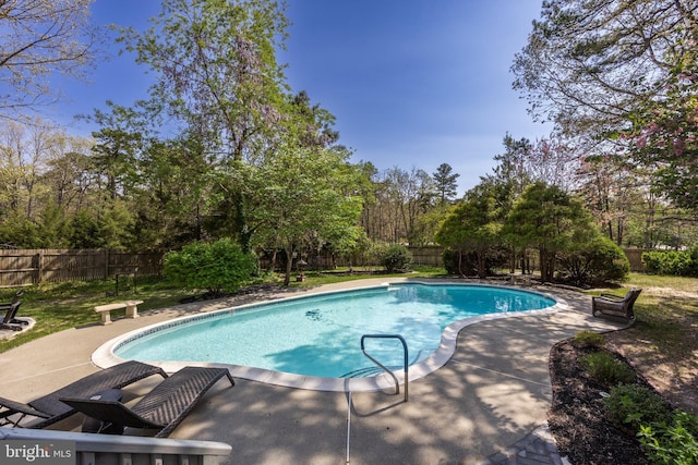 view of swimming pool with a patio, a fenced in pool, and a fenced backyard