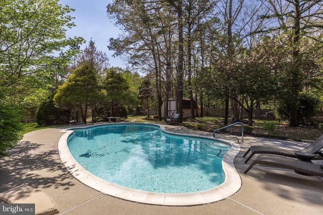 view of pool featuring a fenced in pool, an outdoor structure, a patio, a storage shed, and a fenced backyard