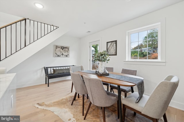 128 E Sharpnack St, Philadelphia, PA 19119 - dining space featuring baseboards, stairway, light wood-type flooring, and recessed lighting