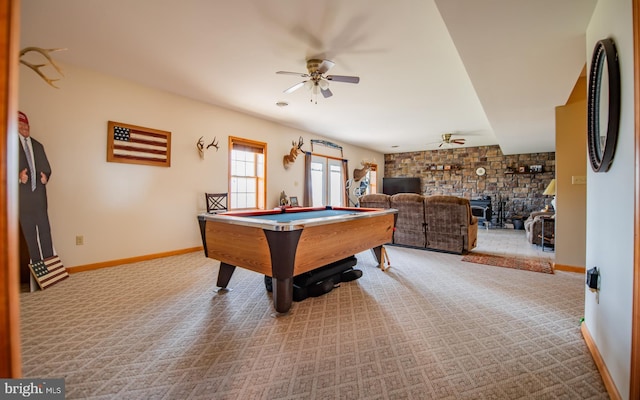 97 Heverly Ln, Beech Creek, PA 16822 - rec room featuring carpet, baseboards, ceiling fan, a wood stove, and billiards