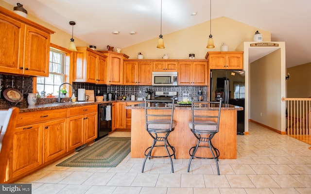 97 Heverly Ln, Beech Creek, PA 16822 - kitchen with a sink, lofted ceiling, black appliances, and a center island with sink