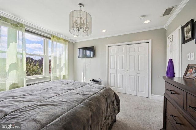 2935 S 13th St, Philadelphia, PA 19148 - carpeted bedroom with a chandelier, a closet, crown molding, recessed lighting, and baseboards