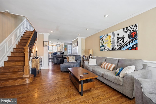 2935 S 13th St, Philadelphia, PA 19148 - living area featuring crown molding, wood finished floors, stairway, and recessed lighting