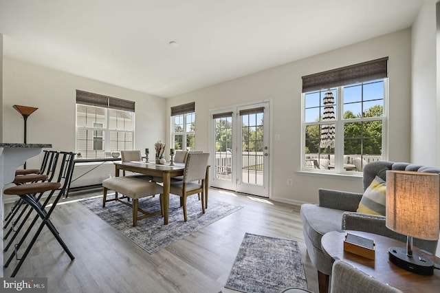dining area featuring baseboards, light wood-style flooring, and plenty of natural light