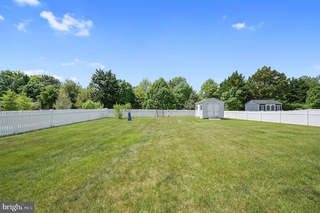 view of yard with an outbuilding, a shed, and a fenced backyard